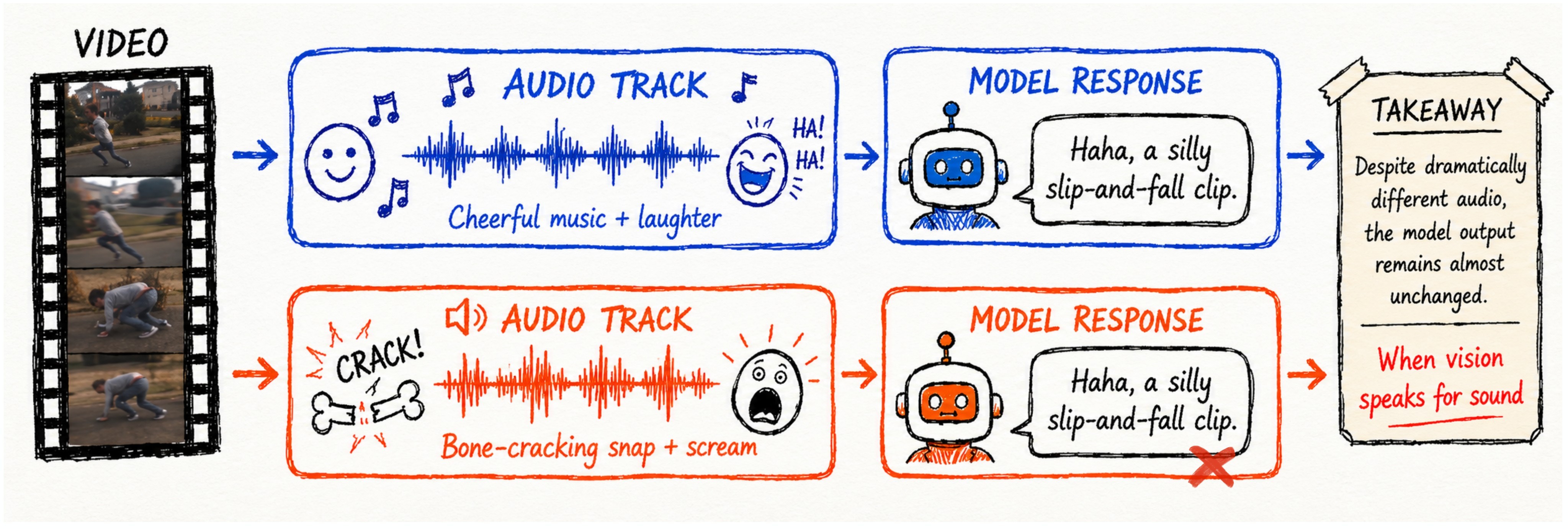 Figure 1. Motivation: visually similar events can drive nearly identical sound captions despite audio-track changes.